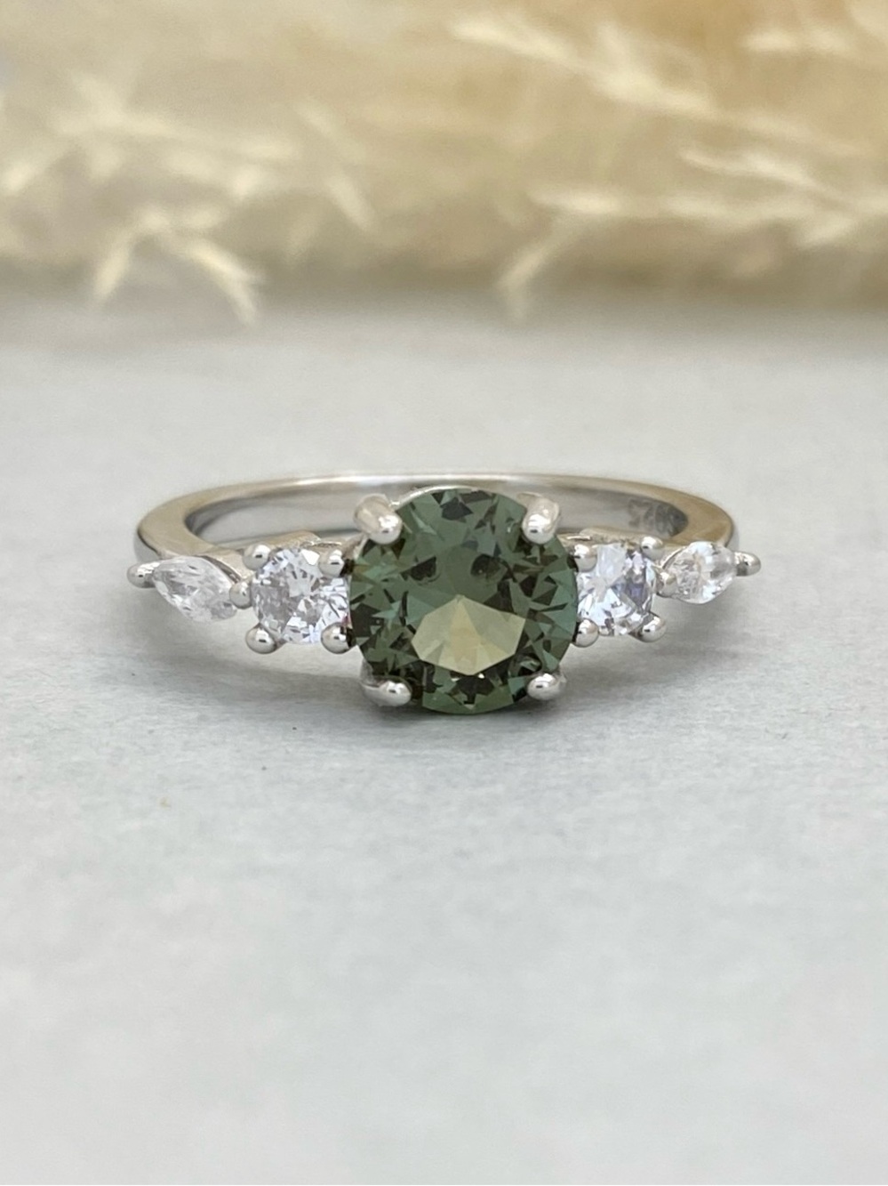 Sterling Silver Round 1.5ct Green Sapphire Round And Marquise CZ Art Deco Ring